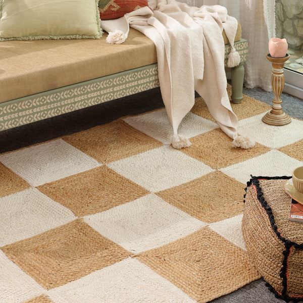 Handwoven Checkered Wool & Jute Area Rug | Modern Checkerboard Flatweave Rug | Handmade Natural Fiber Carpet