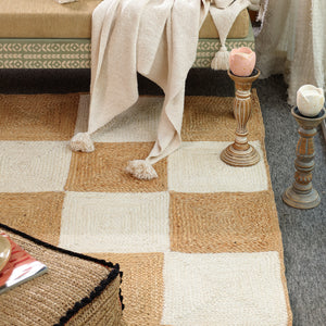Handwoven Checkered Wool & Jute Area Rug | Modern Checkerboard Flatweave Rug | Handmade Natural Fiber Carpet