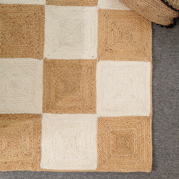 Handwoven Checkered Wool & Jute Area Rug | Modern Checkerboard Flatweave Rug | Handmade Natural Fiber Carpet