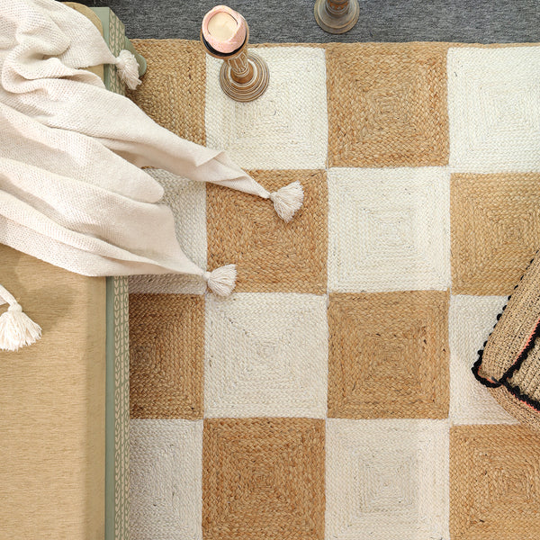 Handwoven Checkered Wool & Jute Area Rug | Modern Checkerboard Flatweave Rug | Handmade Natural Fiber Carpet
