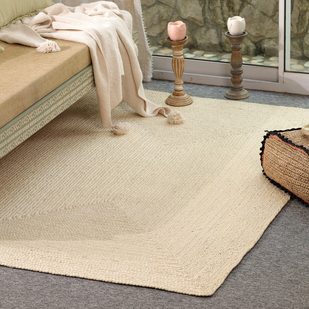 Handwoven Solid Ivory Wool & Jute Area Rug | Minimalist Flatweave Handmade Carpet | Natural Modern Rug
