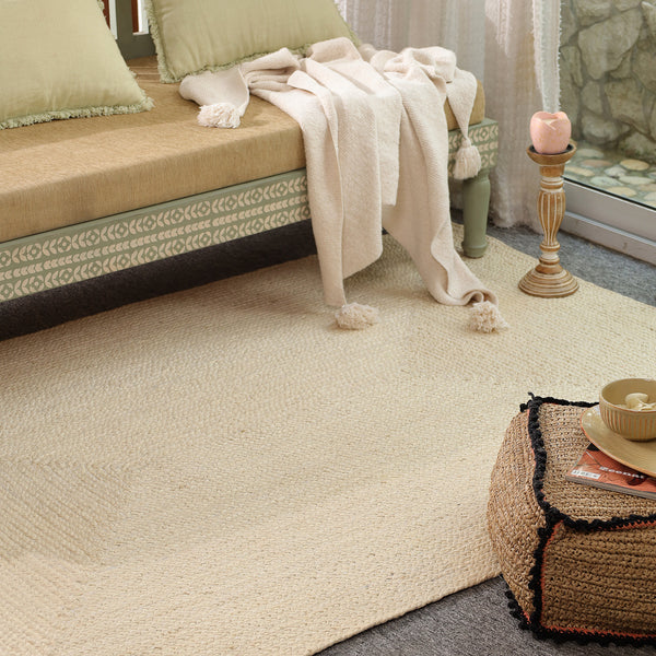 Handwoven Solid Ivory Wool & Jute Area Rug | Minimalist Flatweave Handmade Carpet | Natural Modern Rug