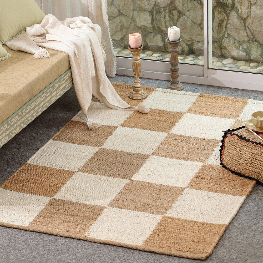 Handwoven Checkered Wool & Jute Area Rug | Beige & Ivory Checkerboard Flatweave Rug | Modern Handmade Carpet for Living Room & Bedroom