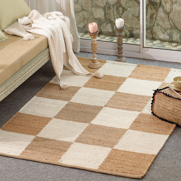 Handwoven Checkered Wool & Jute Area Rug | Beige & Ivory Checkerboard Flatweave Rug | Modern Handmade Carpet for Living Room & Bedroom