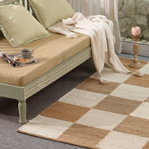 Handwoven Checkered Wool & Jute Area Rug | Beige & Ivory Checkerboard Flatweave Rug | Modern Handmade Carpet for Living Room & Bedroom
