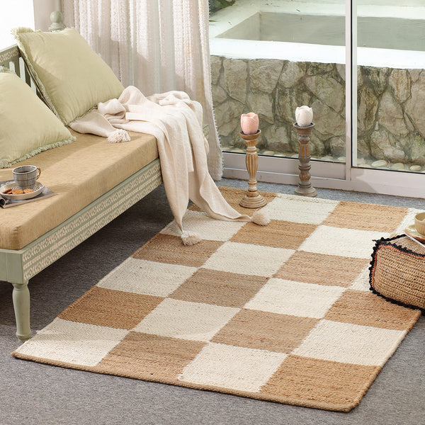 Handwoven Checkered Wool & Jute Area Rug | Beige & Ivory Checkerboard Flatweave Rug | Modern Handmade Carpet for Living Room & Bedroom