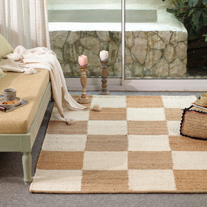 Handwoven Checkered Wool & Jute Area Rug | Beige & Ivory Checkerboard Flatweave Rug | Modern Handmade Carpet for Living Room & Bedroom