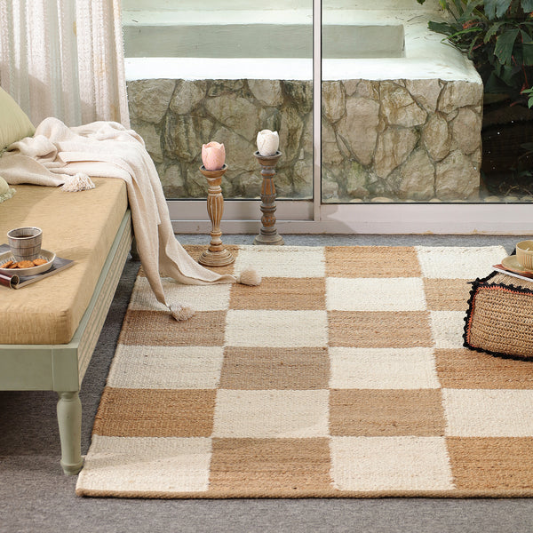 Handwoven Checkered Wool & Jute Area Rug | Beige & Ivory Checkerboard Flatweave Rug | Modern Handmade Carpet for Living Room & Bedroom