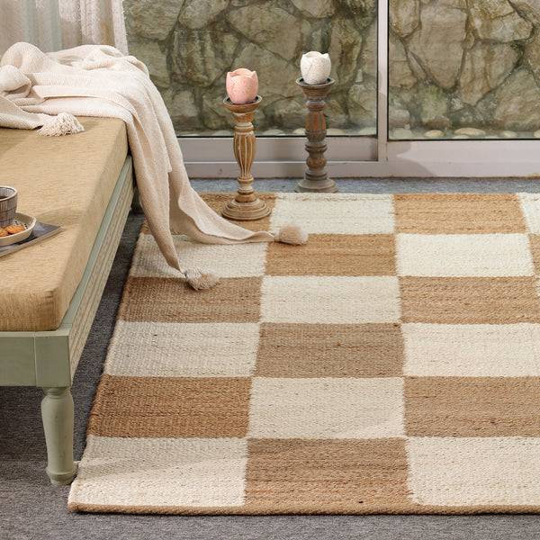 Handwoven Checkered Wool & Jute Area Rug | Beige & Ivory Checkerboard Flatweave Rug | Modern Handmade Carpet for Living Room & Bedroom