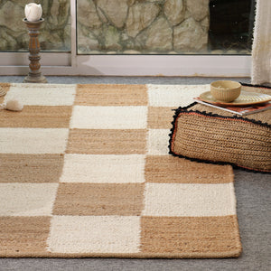 Handwoven Checkered Wool & Jute Area Rug | Beige & Ivory Checkerboard Flatweave Rug | Modern Handmade Carpet for Living Room & Bedroom