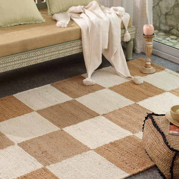 Handwoven Checkered Wool & Jute Area Rug | Beige & Ivory Checkerboard Flatweave Rug | Modern Handmade Carpet for Living Room & Bedroom