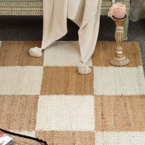 Handwoven Checkered Wool & Jute Area Rug | Beige & Ivory Checkerboard Flatweave Rug | Modern Handmade Carpet for Living Room & Bedroom