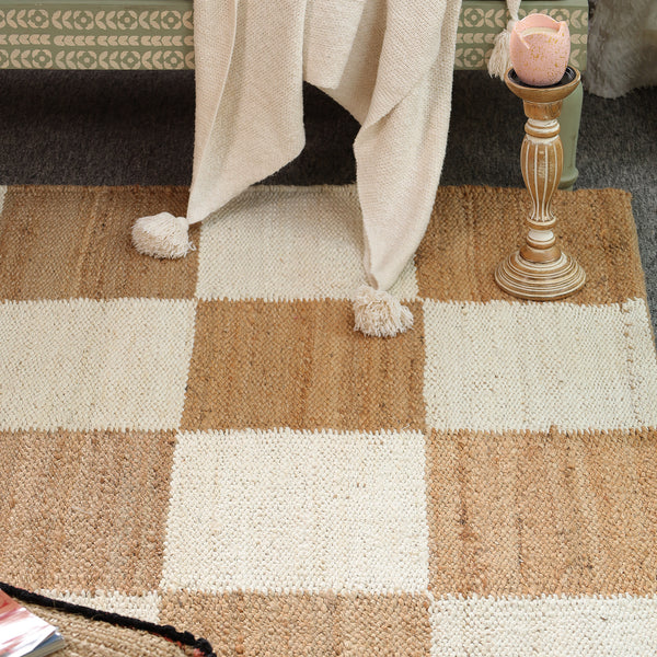 Handwoven Checkered Wool & Jute Area Rug | Beige & Ivory Checkerboard Flatweave Rug | Modern Handmade Carpet for Living Room & Bedroom