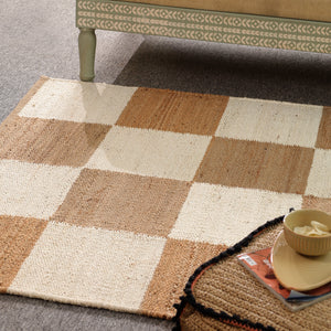 Handwoven Checkered Wool & Jute Area Rug | Beige & Ivory Checkerboard Flatweave Rug | Modern Handmade Carpet for Living Room & Bedroom