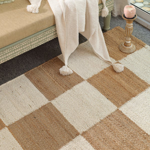 Handwoven Checkered Wool & Jute Area Rug | Beige & Ivory Checkerboard Flatweave Rug | Modern Handmade Carpet for Living Room & Bedroom