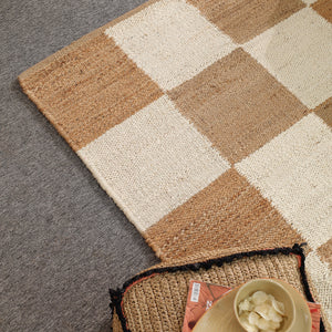 Handwoven Checkered Wool & Jute Area Rug | Beige & Ivory Checkerboard Flatweave Rug | Modern Handmade Carpet for Living Room & Bedroom