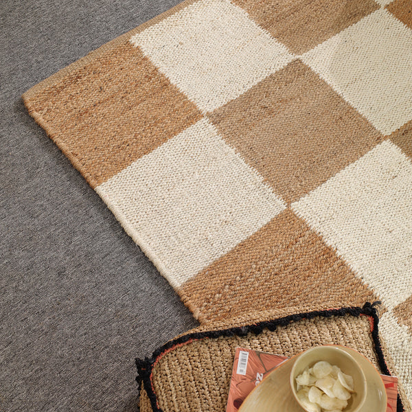 Handwoven Checkered Wool & Jute Area Rug | Beige & Ivory Checkerboard Flatweave Rug | Modern Handmade Carpet for Living Room & Bedroom