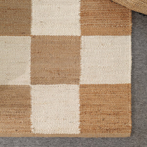 Handwoven Checkered Wool & Jute Area Rug | Beige & Ivory Checkerboard Flatweave Rug | Modern Handmade Carpet for Living Room & Bedroom