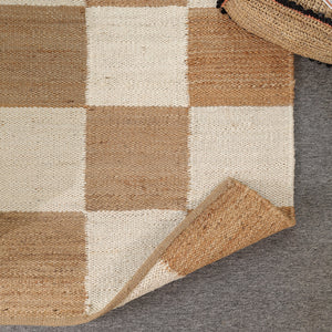 Handwoven Checkered Wool & Jute Area Rug | Beige & Ivory Checkerboard Flatweave Rug | Modern Handmade Carpet for Living Room & Bedroom