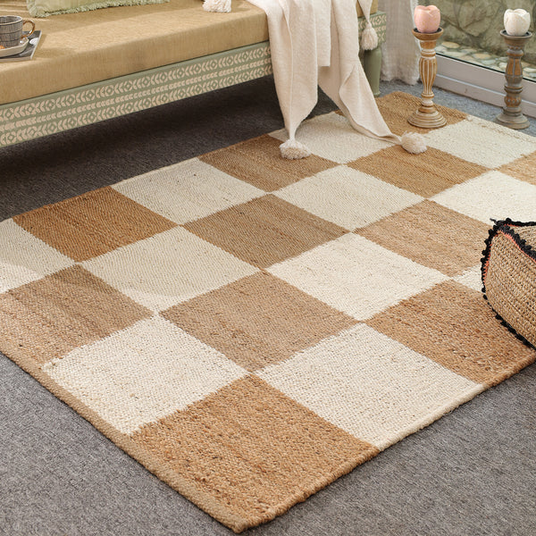 Handwoven Checkered Wool & Jute Area Rug | Beige & Ivory Checkerboard Flatweave Rug | Modern Handmade Carpet for Living Room & Bedroom
