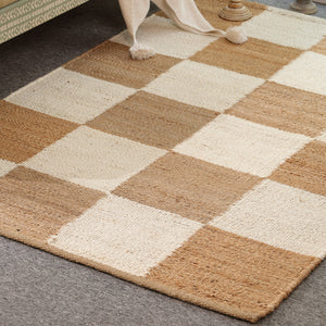 Handwoven Checkered Wool & Jute Area Rug | Beige & Ivory Checkerboard Flatweave Rug | Modern Handmade Carpet for Living Room & Bedroom