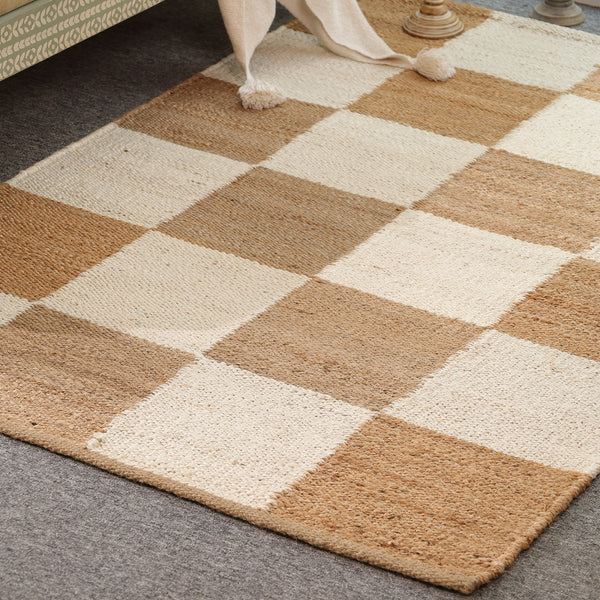 Handwoven Checkered Wool & Jute Area Rug | Beige & Ivory Checkerboard Flatweave Rug | Modern Handmade Carpet for Living Room & Bedroom