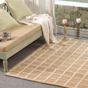 Handwoven Geometric Wool & Jute Area Rug | Beige & Ivory Grid Flatweave Rug | Modern Handmade Carpet