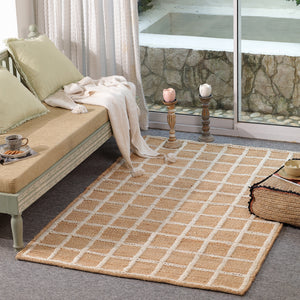 Handwoven Geometric Wool & Jute Area Rug | Beige & Ivory Grid Flatweave Rug | Modern Handmade Carpet