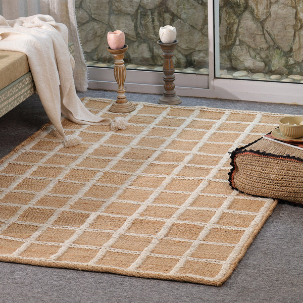 Handwoven Geometric Wool & Jute Area Rug | Beige & Ivory Grid Flatweave Rug | Modern Handmade Carpet