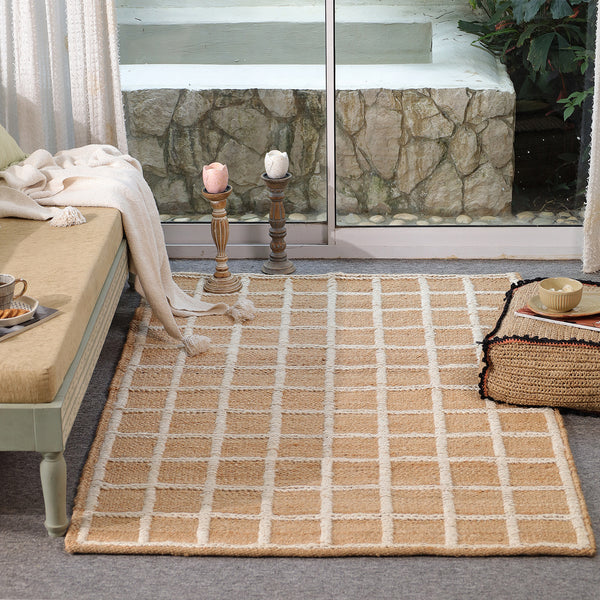 Handwoven Geometric Wool & Jute Area Rug | Beige & Ivory Grid Flatweave Rug | Modern Handmade Carpet