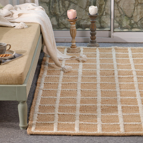 Handwoven Geometric Wool & Jute Area Rug | Beige & Ivory Grid Flatweave Rug | Modern Handmade Carpet