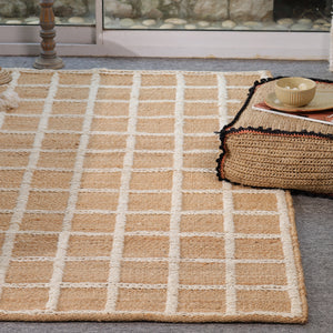 Handwoven Geometric Wool & Jute Area Rug | Beige & Ivory Grid Flatweave Rug | Modern Handmade Carpet