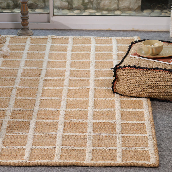 Handwoven Geometric Wool & Jute Area Rug | Beige & Ivory Grid Flatweave Rug | Modern Handmade Carpet