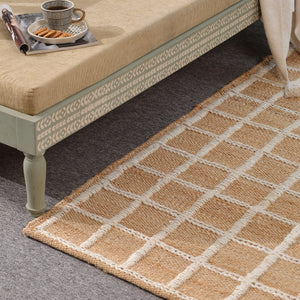 Handwoven Geometric Wool & Jute Area Rug | Beige & Ivory Grid Flatweave Rug | Modern Handmade Carpet
