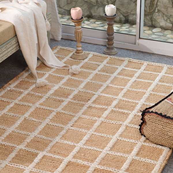 Handwoven Geometric Wool & Jute Area Rug | Beige & Ivory Grid Flatweave Rug | Modern Handmade Carpet