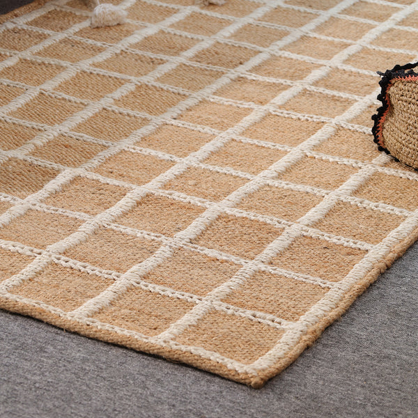 Handwoven Geometric Wool & Jute Area Rug | Beige & Ivory Grid Flatweave Rug | Modern Handmade Carpet