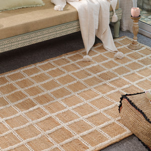 Handwoven Geometric Wool & Jute Area Rug | Beige & Ivory Grid Flatweave Rug | Modern Handmade Carpet
