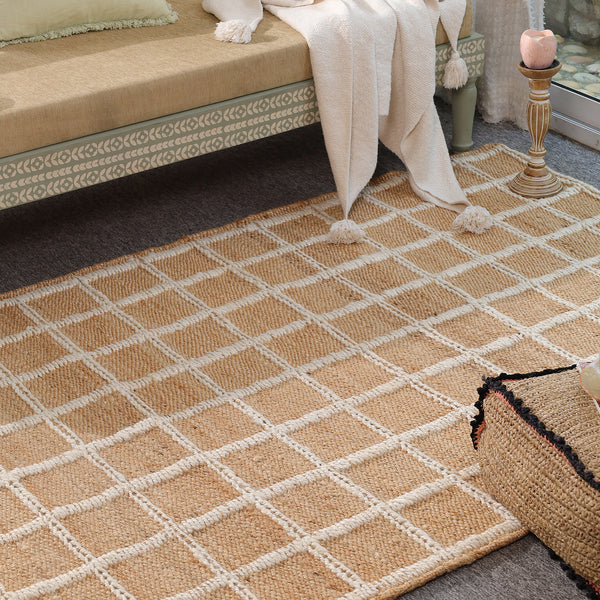 Handwoven Geometric Wool & Jute Area Rug | Beige & Ivory Grid Flatweave Rug | Modern Handmade Carpet