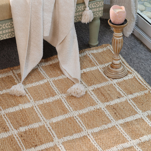 Handwoven Geometric Wool & Jute Area Rug | Beige & Ivory Grid Flatweave Rug | Modern Handmade Carpet