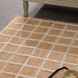 Handwoven Geometric Wool & Jute Area Rug | Beige & Ivory Grid Flatweave Rug | Modern Handmade Carpet