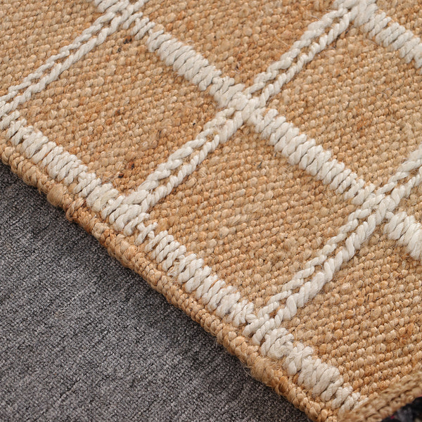 Handwoven Geometric Wool & Jute Area Rug | Beige & Ivory Grid Flatweave Rug | Modern Handmade Carpet