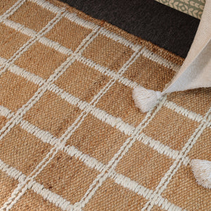 Handwoven Geometric Wool & Jute Area Rug | Beige & Ivory Grid Flatweave Rug | Modern Handmade Carpet