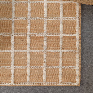 Handwoven Geometric Wool & Jute Area Rug | Beige & Ivory Grid Flatweave Rug | Modern Handmade Carpet