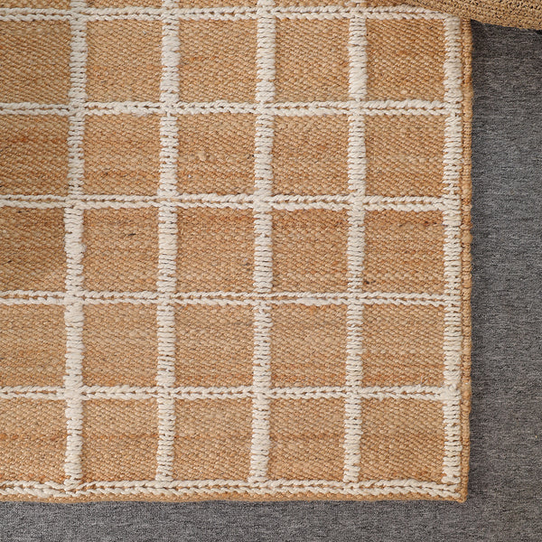 Handwoven Geometric Wool & Jute Area Rug | Beige & Ivory Grid Flatweave Rug | Modern Handmade Carpet