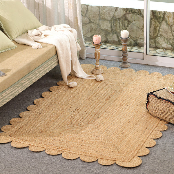 Handwoven Natural Jute Scalloped Area Rug | Eco-Friendly Handmade Braided Rug | Boho Farmhouse Floor Carpet