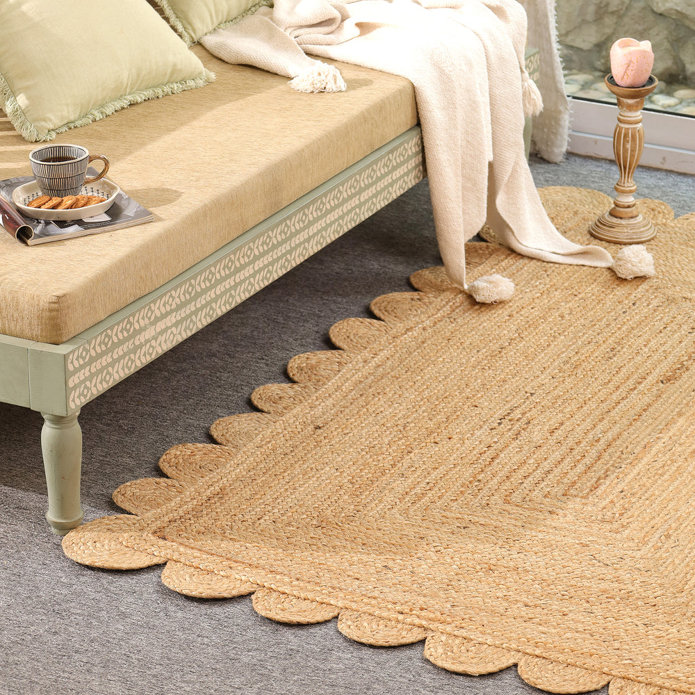 Handwoven Natural Jute Scalloped Area Rug | Eco-Friendly Handmade Braided Rug | Boho Farmhouse Floor Carpet