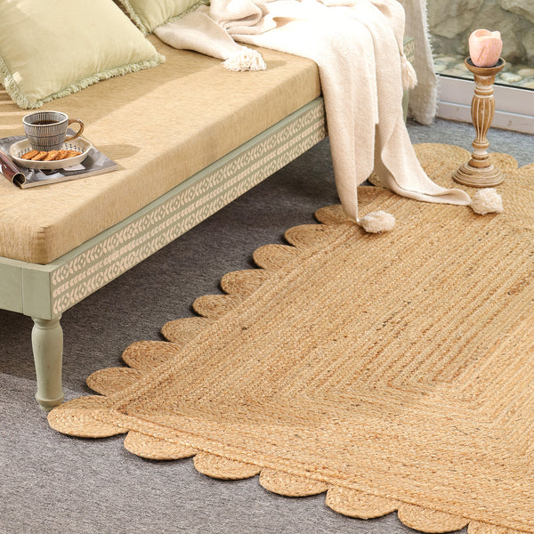 Handwoven Natural Jute Scalloped Area Rug | Eco-Friendly Handmade Braided Rug | Boho Farmhouse Floor Carpet