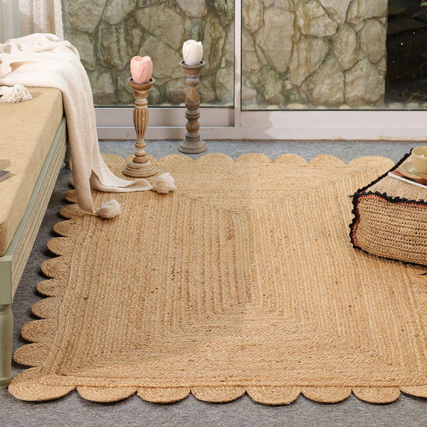Handwoven Natural Jute Scalloped Area Rug | Eco-Friendly Handmade Braided Rug | Boho Farmhouse Floor Carpet