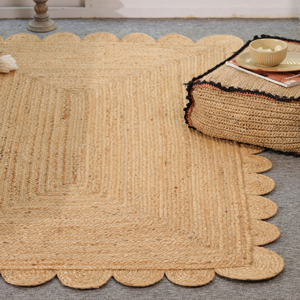 Handwoven Natural Jute Scalloped Area Rug | Eco-Friendly Handmade Braided Rug | Boho Farmhouse Floor Carpet