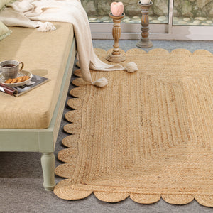 Handwoven Natural Jute Scalloped Area Rug | Eco-Friendly Handmade Braided Rug | Boho Farmhouse Floor Carpet